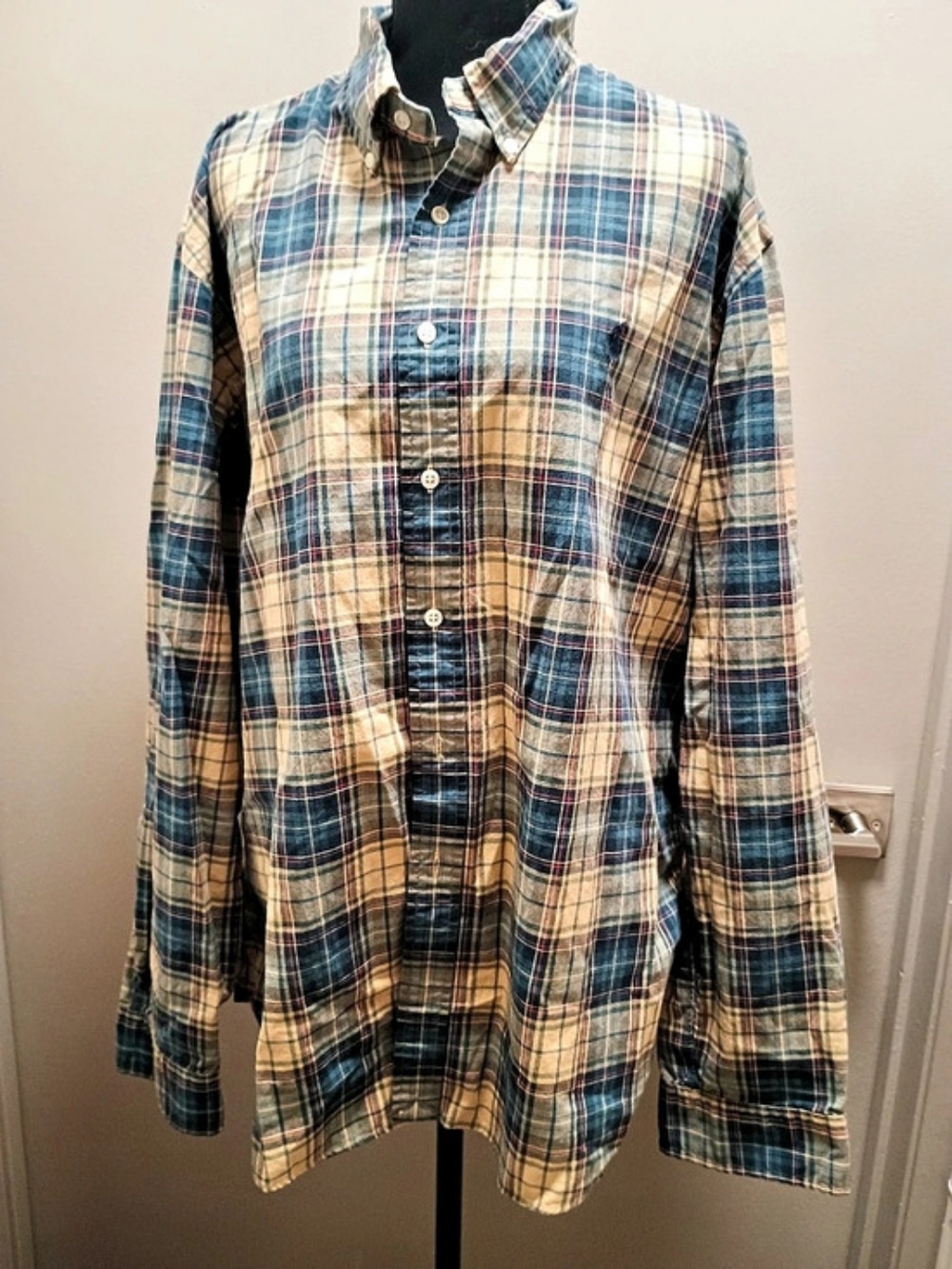 Ralph Lauren Custom Fit Plaid Shirt Plaid Button Down in Blue & Tan Size XXL